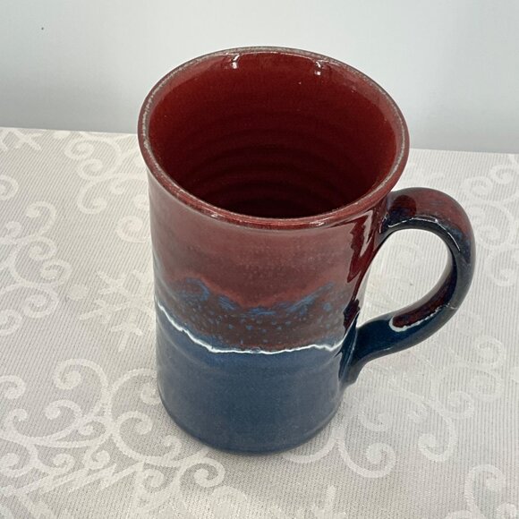 Handmade Ceramic Coffee Mug With Red & Blue Glaze 16 Oz Capacity Unique Signed D - Picture 6 of 7